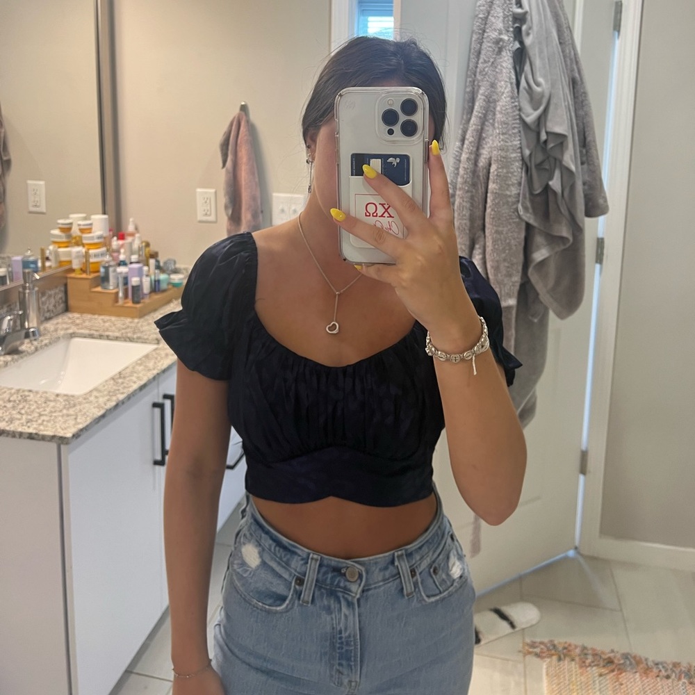 Blue Cropped Blouse Top